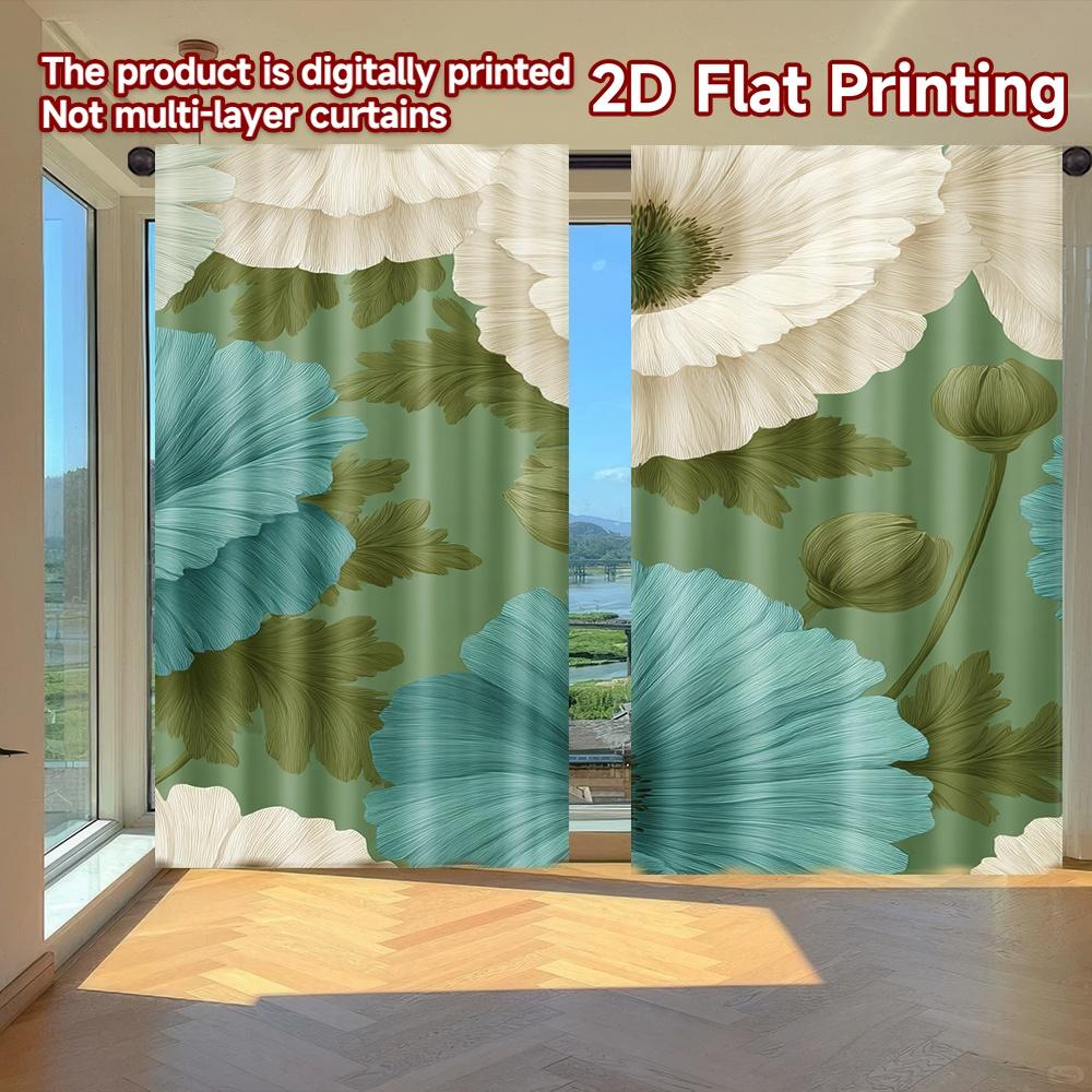Set Of 2 Flat Printing Curtains Without Rod Floral Spring Design New Year Holiday Versatile Durable Polyester Curtain