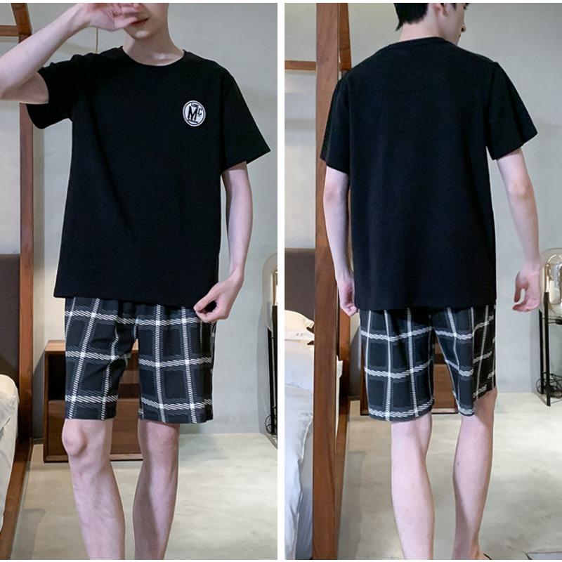 Summer Pajamas Men Cotton Jersey Short Sleeve Shorts Are Simple Breathable Solid Color Round Neck Pullover Plaid Sleepwear