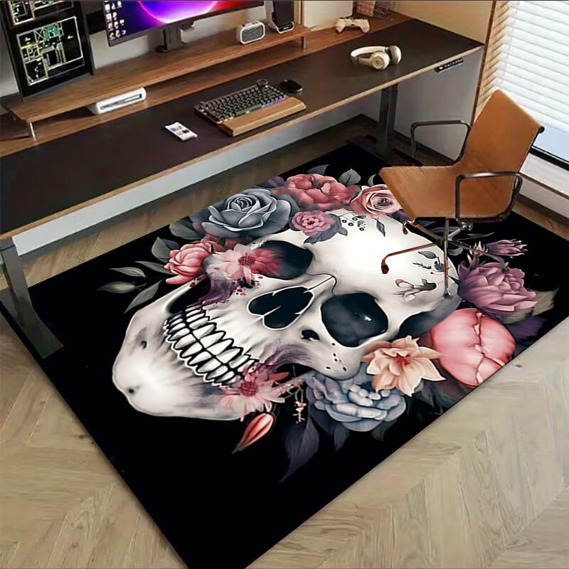 1PC Skull Flowers Carpet Ultra Soft, Thick & Absorbent, Non Slip Machine Washable Mat for Entryway