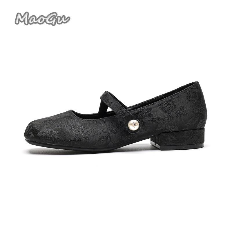 Fashion Elegant Square Toe Low Heel Pumps Women's Thick Heeled Chinese Style Mary Jane Shoes Shallow Mouth Comfortable Shoes for Women
