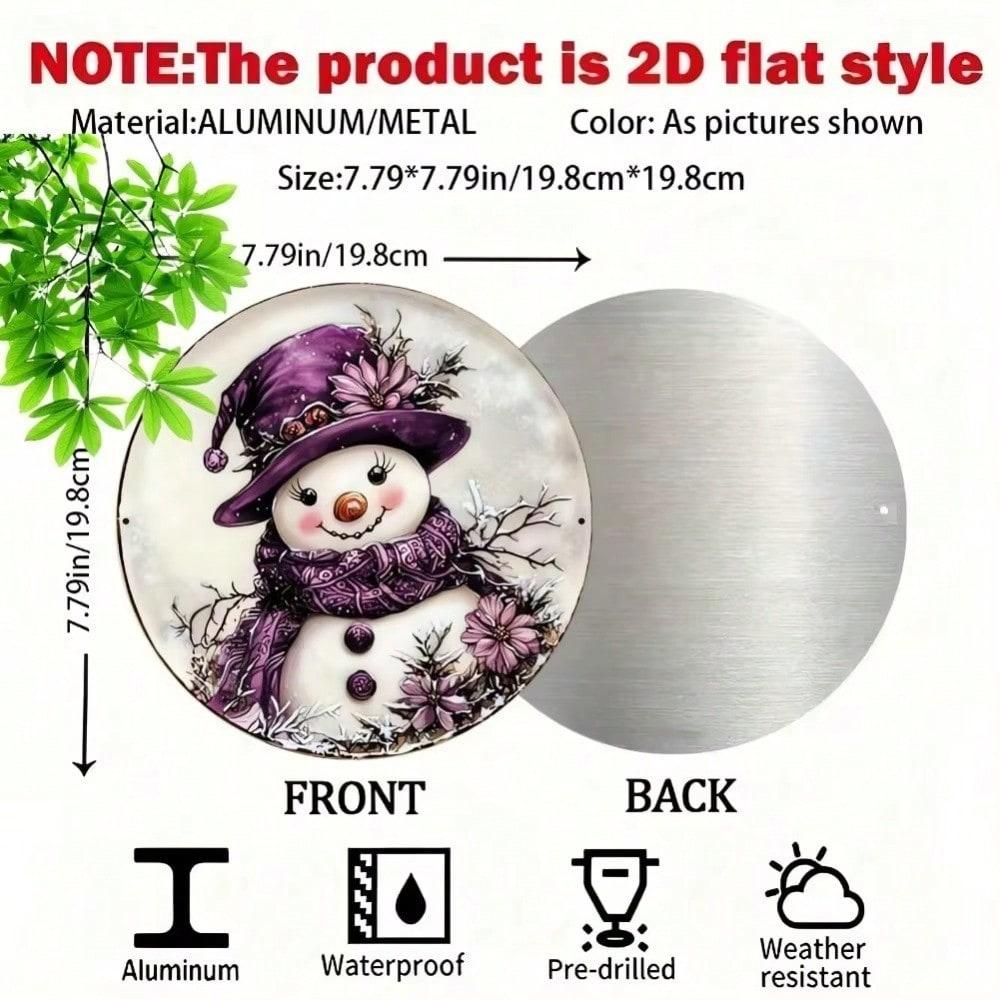 Purple Snowman Wreath Round Metal Wall Sign 8x8 Inch Christmas Holiday Home Decor Indoor Outdoor Hanging Ornament