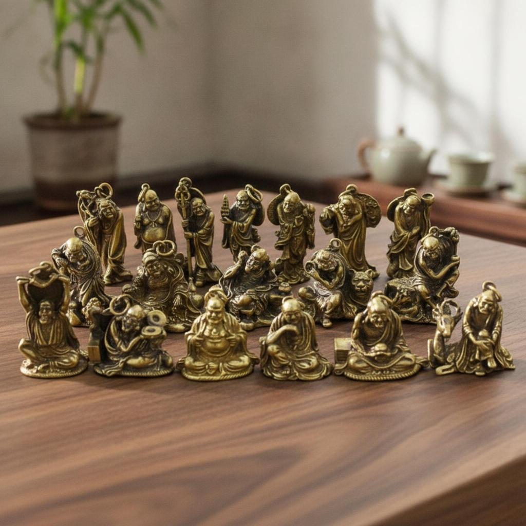 18 Pieces Arhat Figurines Solid Brass Buddhist Statues AntiqueStyle with Hanging Loop for