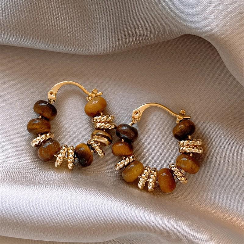 French Tiger Eye Hoop Earrings: Retro Light Luxury Design for Women.