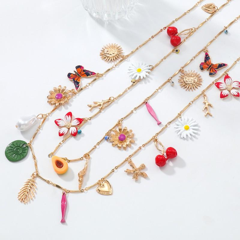 Womens Layered Zinc Alloy Pendant Necklace With Heart Floral Leaf Butterfly Cherry Motifs Drip Paint Finish 81cm Length