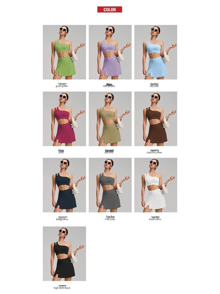 New Style Nude Feel One-Shoulder Yoga Set with High-Waisted Breathable Skirt for Tennis & Running