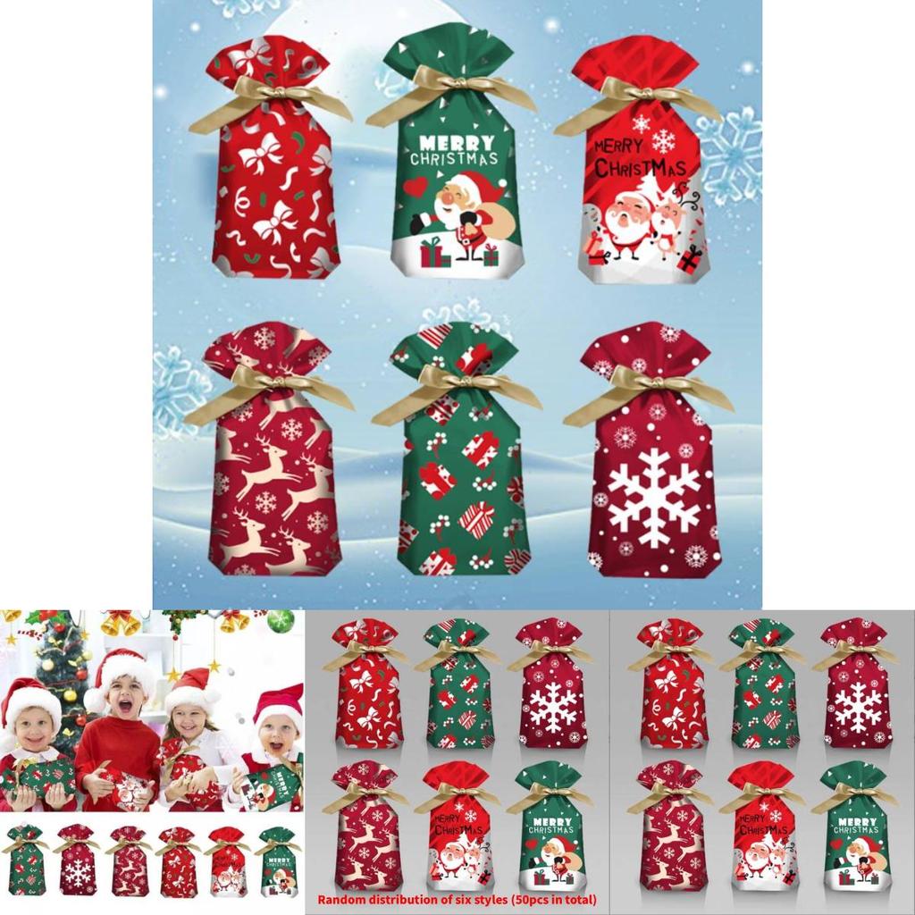 Christmas Gift Bag With Drawstring Ribbon Santa Print For Holiday Packaging