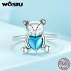 WOSTU 925 Sterling Silver Embracing Bear Opening Ring Blue Heart Crystal Statement Rings Original Jewelry Party Anniversary Gift