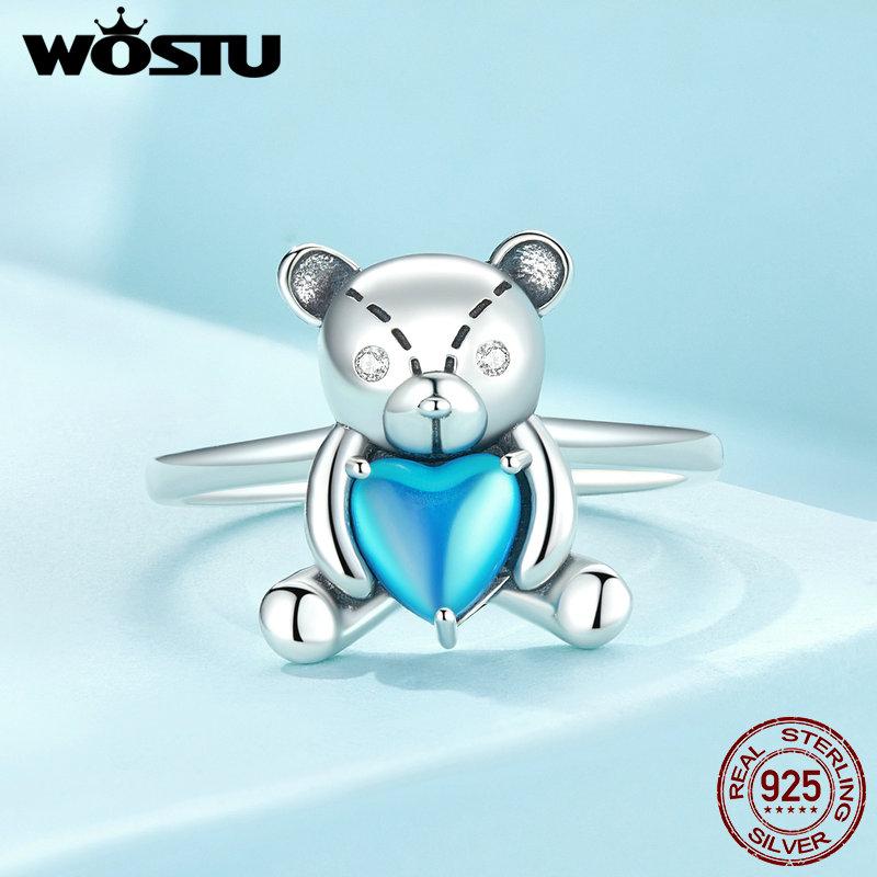 WOSTU 925 Sterling Silver Embracing Bear Opening Ring Blue Heart Crystal Statement Rings Original Jewelry Party Anniversary Gift