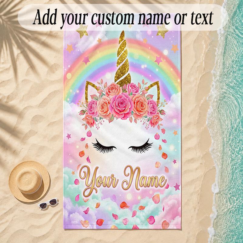 Unicorn Theme Soft Beach Towel Personalized Custom Name Text Towel Portable for Beach Pool Travel