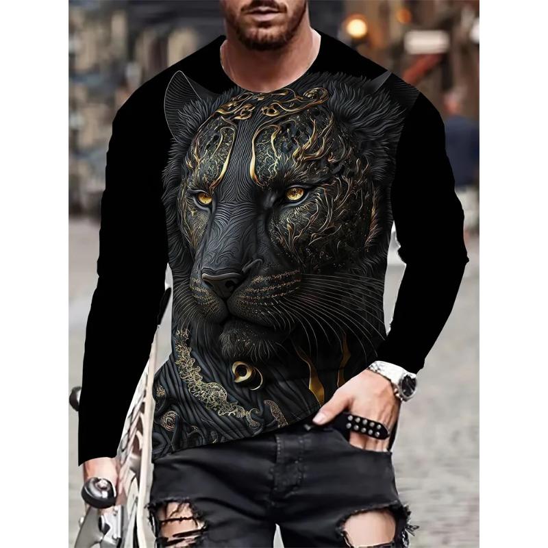 Spring and Autumn Round Neck 3D Lion Pattern Printed Top Fashionable Casual Long Sleeved Men's T-shirts