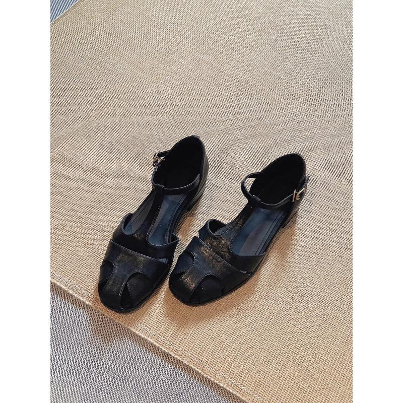 Sheepskin version~ retro round head hollow summer leather sandals women's one-word with hollow thick heel literary style bag head shoes