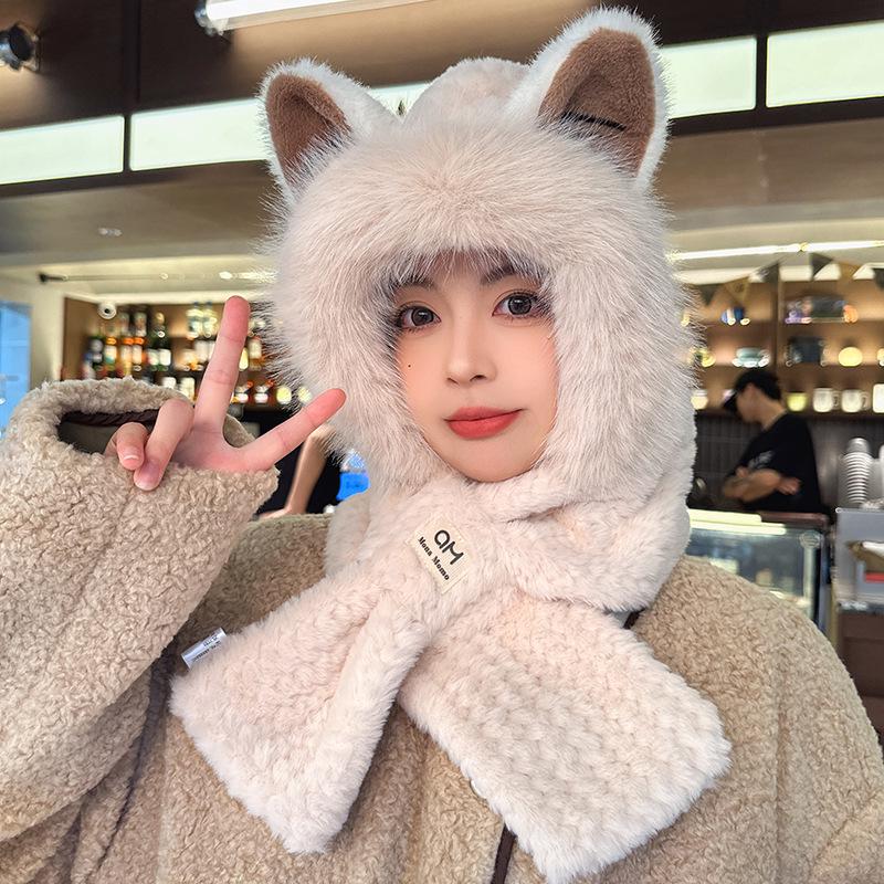 Women's Winter Plush Fox Hat & Scarf Combo - Warm, Trendy, and Versatile Hooded Design