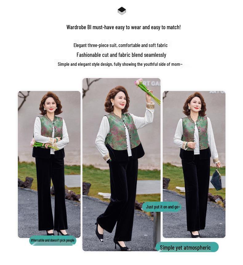 Elegant Spring/Autumn Three-Piece Set: Stylish Chinese-Style Vest & Top for Middle-Aged Women