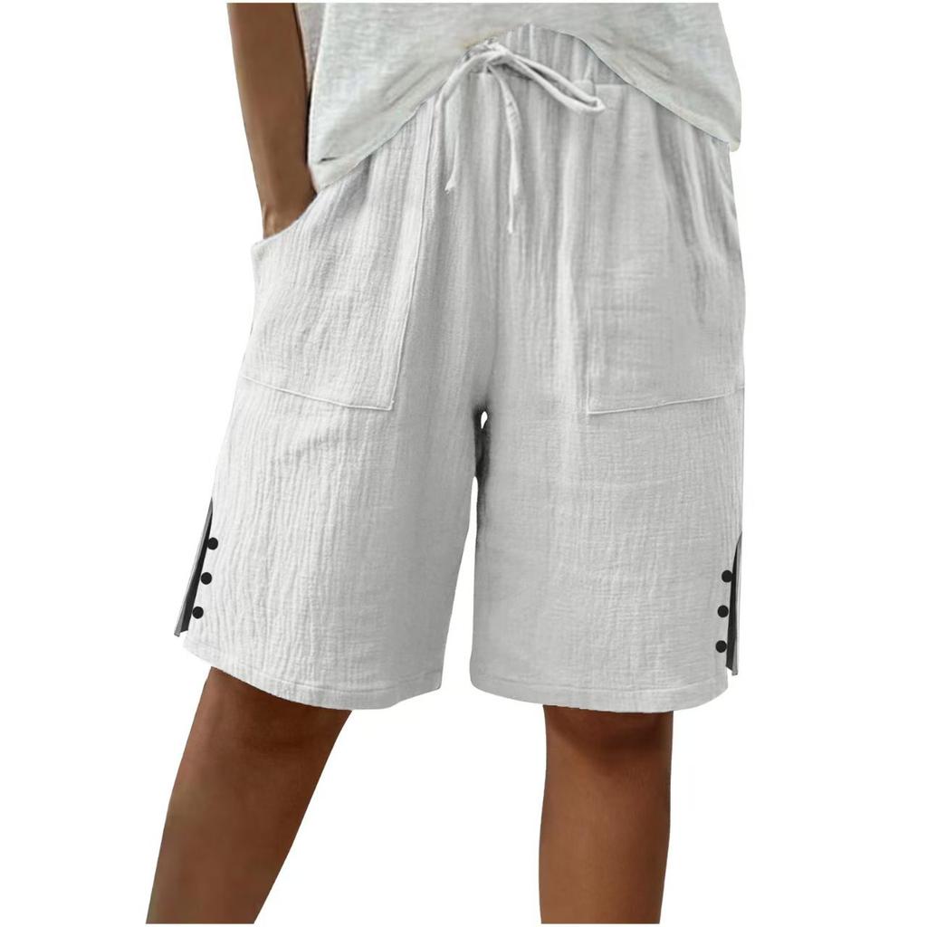 Women's Cotton Linen Drawstring Elastic Waist Casual Shorts with Pockets and Side Split Buttons