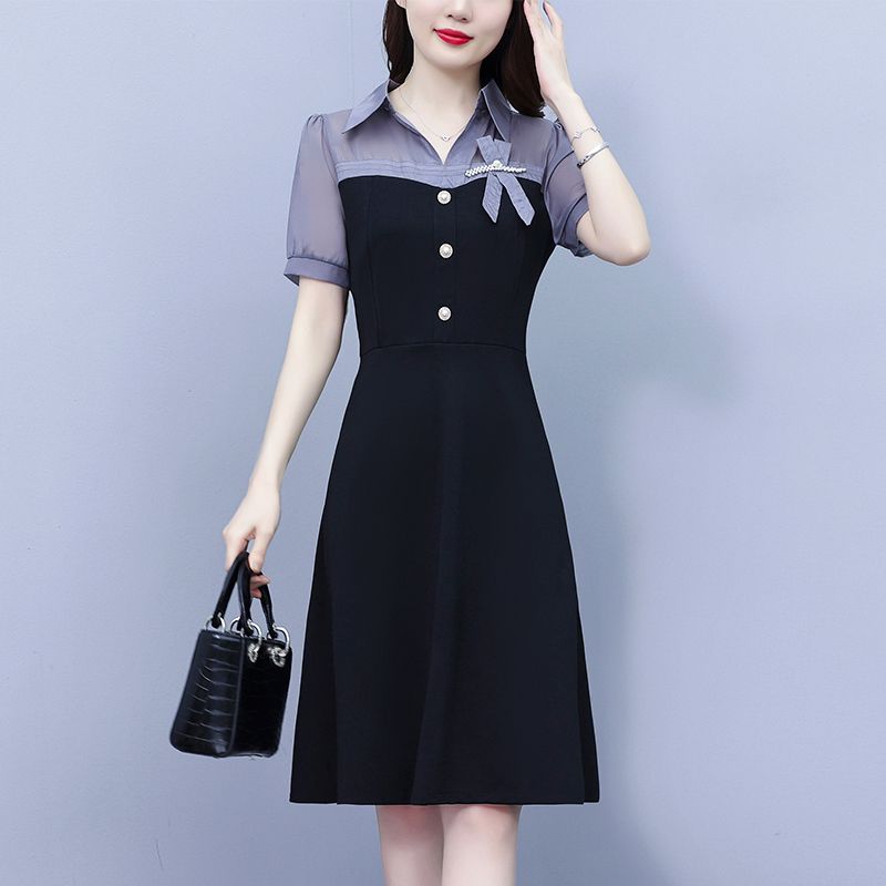 Summer Slimming Short Sleeve Dress with Pearl Splicing Youthful and Belly Covering