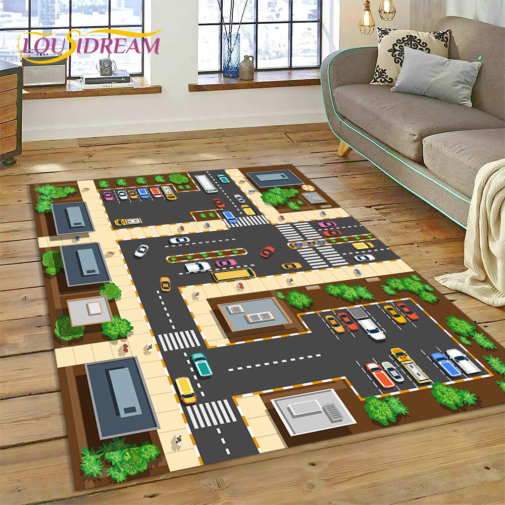 City Traffic Road Map Runway Child PlayMat Highway Playroom Area Rug,Carpet Rug for Living Room Bedroom Sofa Doormat, Non-slip