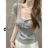 Spring/Summer Korean Style Lace Splice Square Neck Short Sleeve Women's T-Shirt