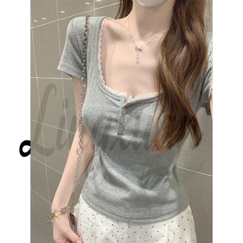 Spring/Summer Korean Style Lace Splice Square Neck Short Sleeve Women s T-Shirt M серый