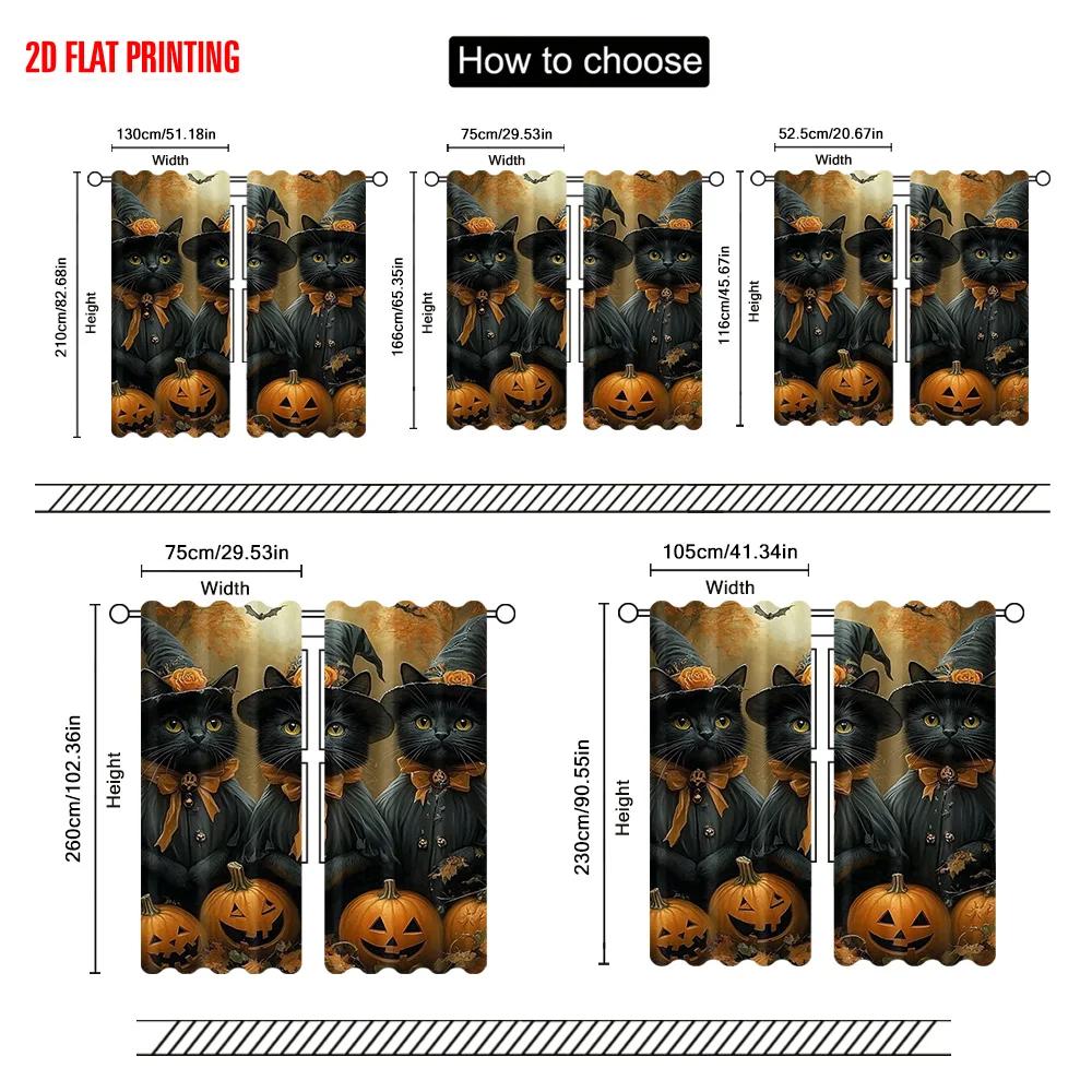 2pcs  2D plane printing Contemporary Curtains Witch Black Cat and pumpkin themed Durable 100% Polyester Fabric (without rod)