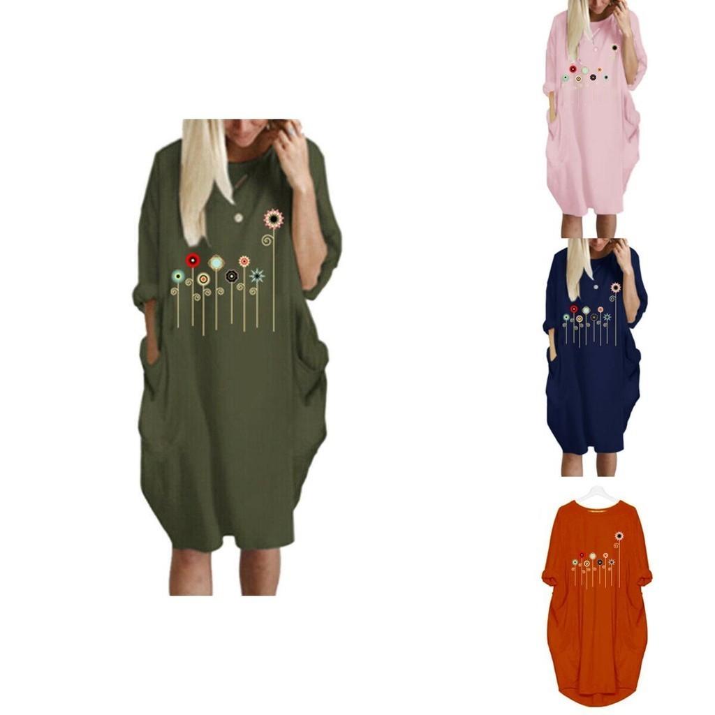 Women Dress Pullover Stylish Loose Fit Short Sleeve Casual Dress With Pocket
