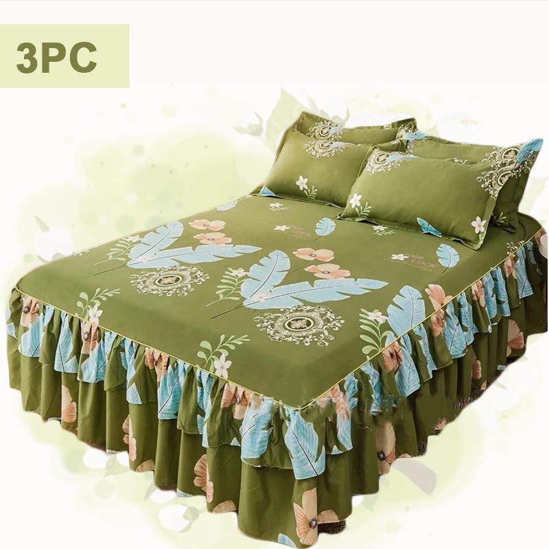 3pc Tropical Floral Bed Skirt Set Includes 1Non-slip Lace Bed Skirt And 2 Decorative Pillowcases All-season Polyester Bedding Ruffles Machine Washable