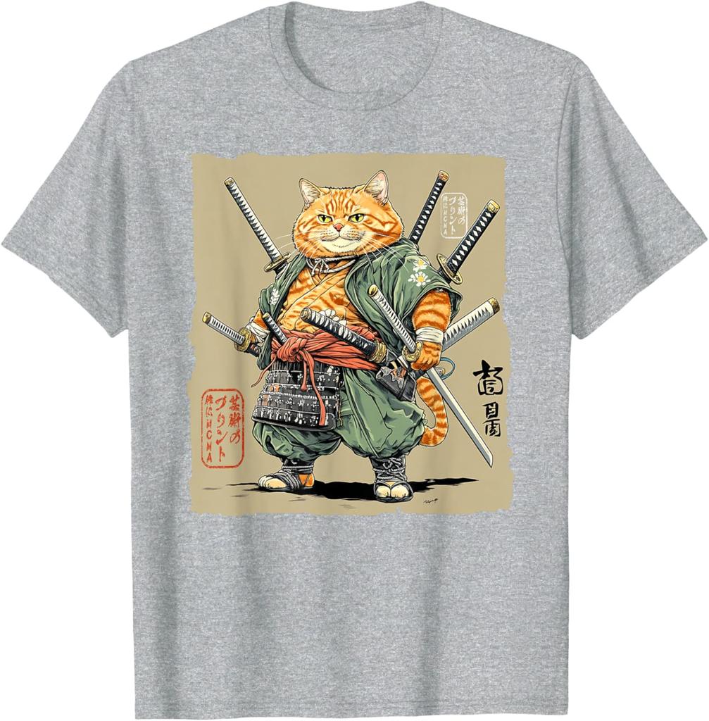 Samurai Cat Warrior Swords Graphic Tee Mens Cotton Casual TShirt