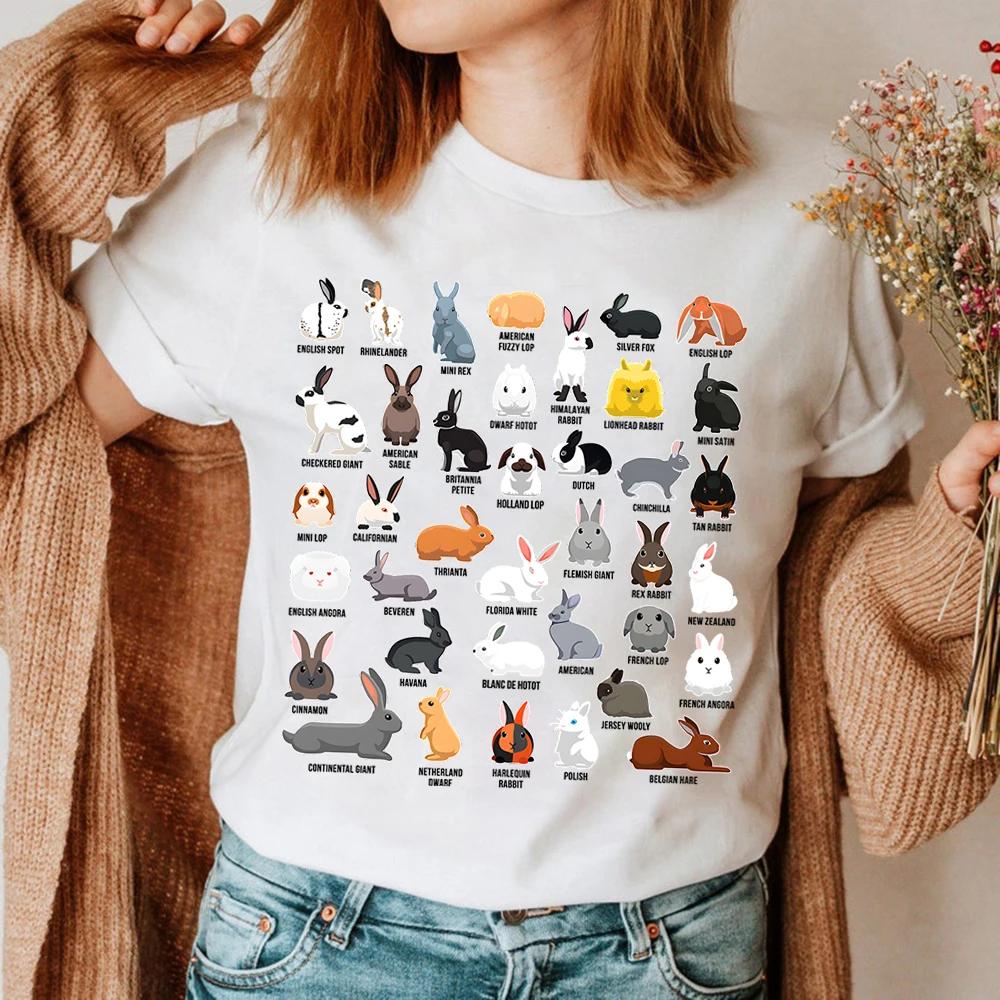 Kawaii Kaninchen Sommer Damen T-Shirt Arten von Kaninchen Aufdruck Oberteile Kurzärmelig Lässig Damen T-Shirts Rundhals Persönlichkeit Kleidung