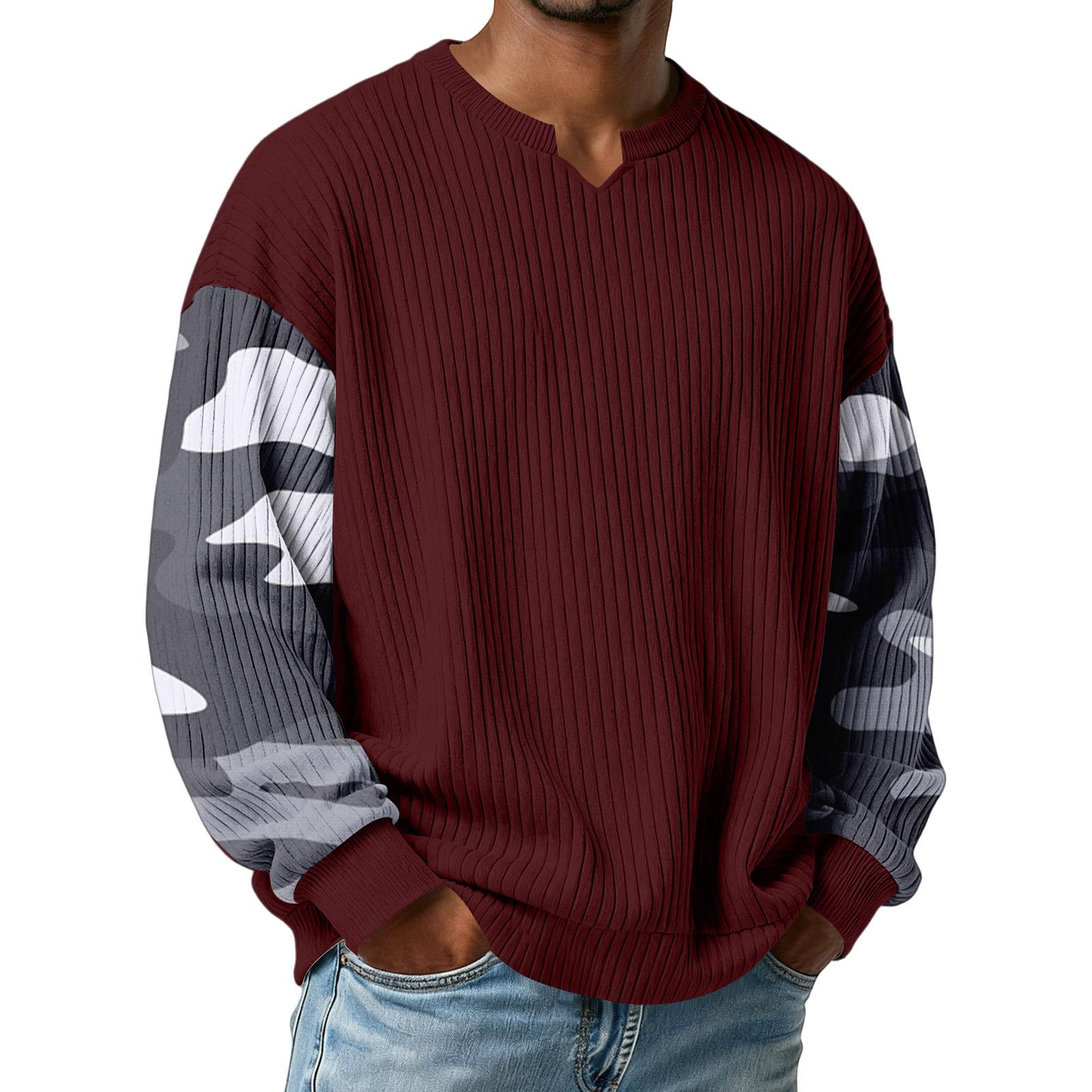 

Men s Camouflage Stylish V-Neck Ribbed Textured Long-Sleeve T-Shirt XL винний