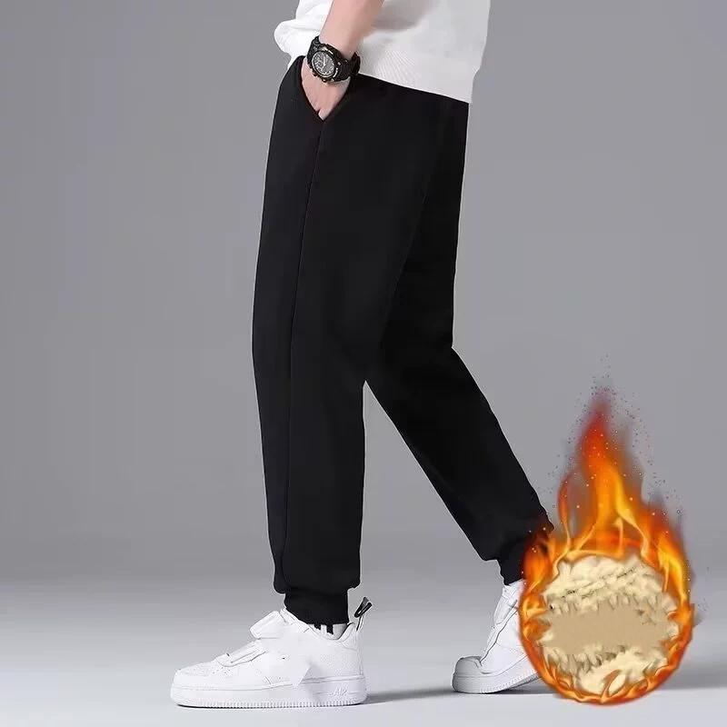 Men Autumn Winter Sweat Pants Plush Thickening Casual Trouser Warm Pant Plus Size Men's Mid Waist Fashion Sweatpant Black