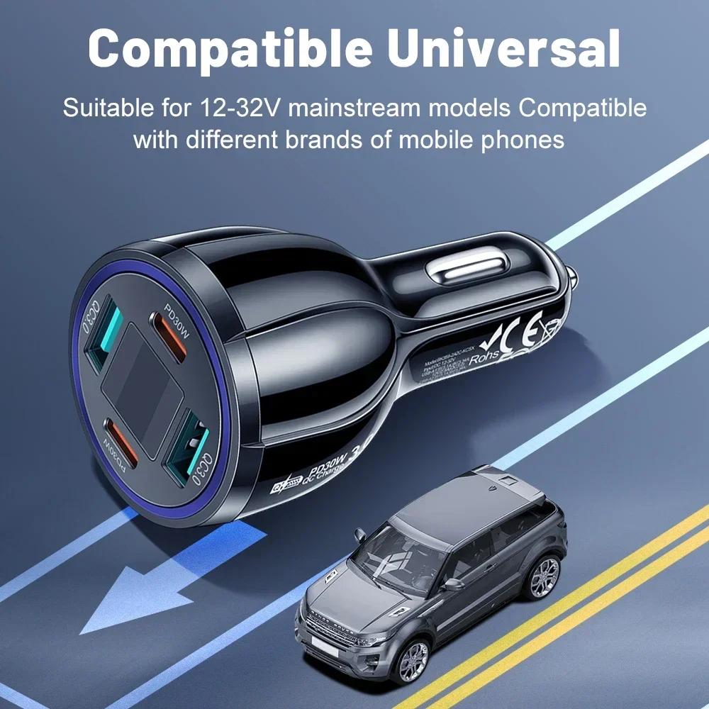100W Car Charger 4 USB Ports Fast Charging with Digital Display Quick Charging Adapter for iPhone Samsung Xiaomi Type C Charger