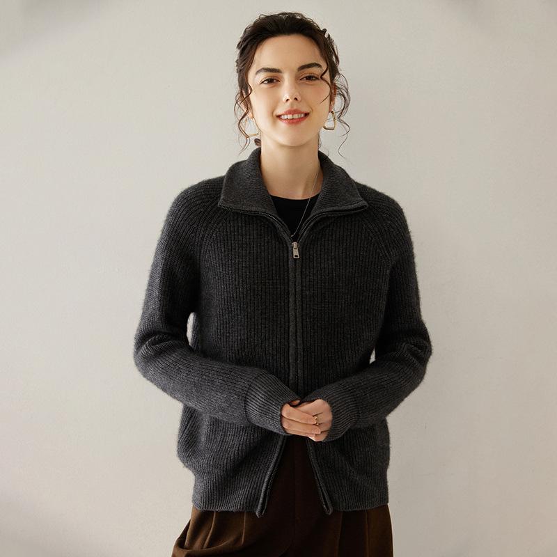 2024 Autumn/Winter Women's Long Sleeve Cashmere Knit Cardigan - Loose Fit Zipper Retro Fashion Jacket