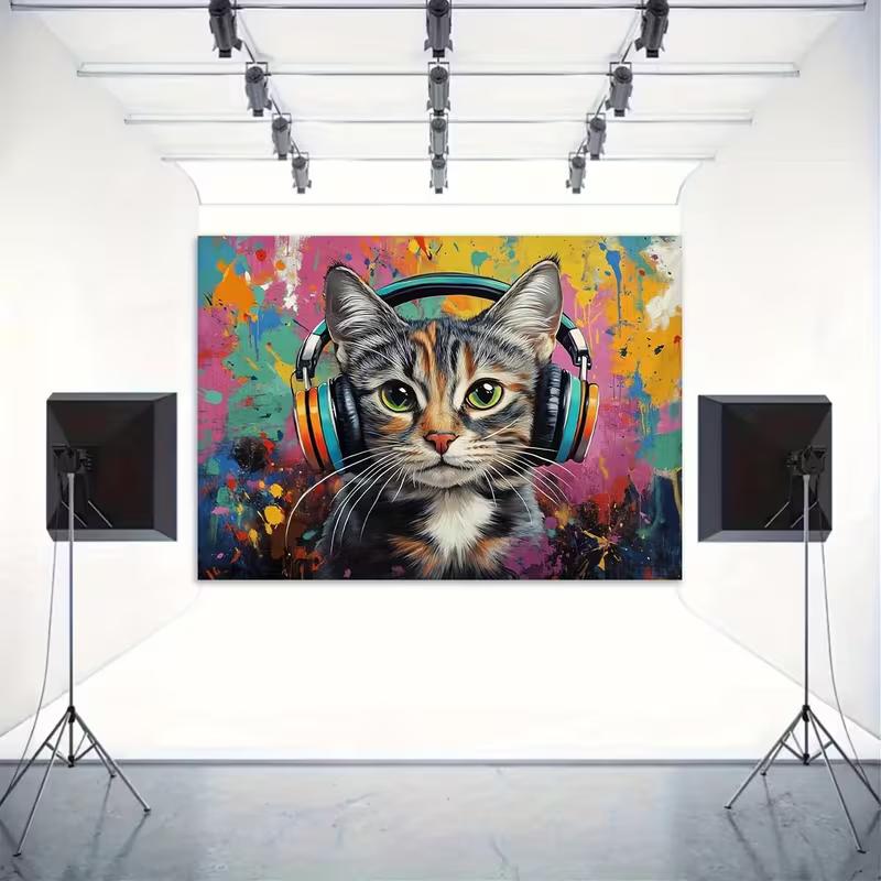 Hip Hop Cat 2D Backdrop, Colorful Graffiti & Music Photo Background