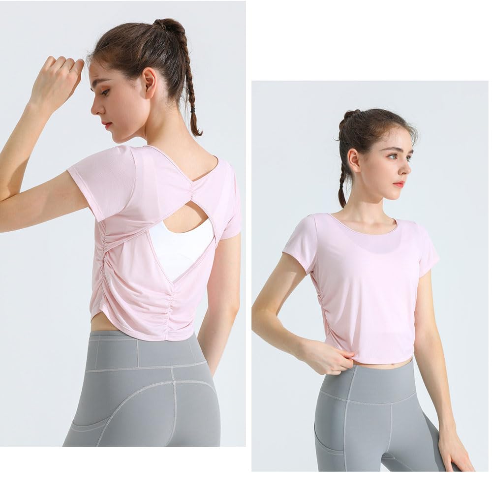 Yodilala Yoga Cooling Shirt for a Beautiful Short Sleeve Cropped Summer Wear, Back, T-Shirt, Fitness, Training, Sweat-Wicking, Quick-Drying,