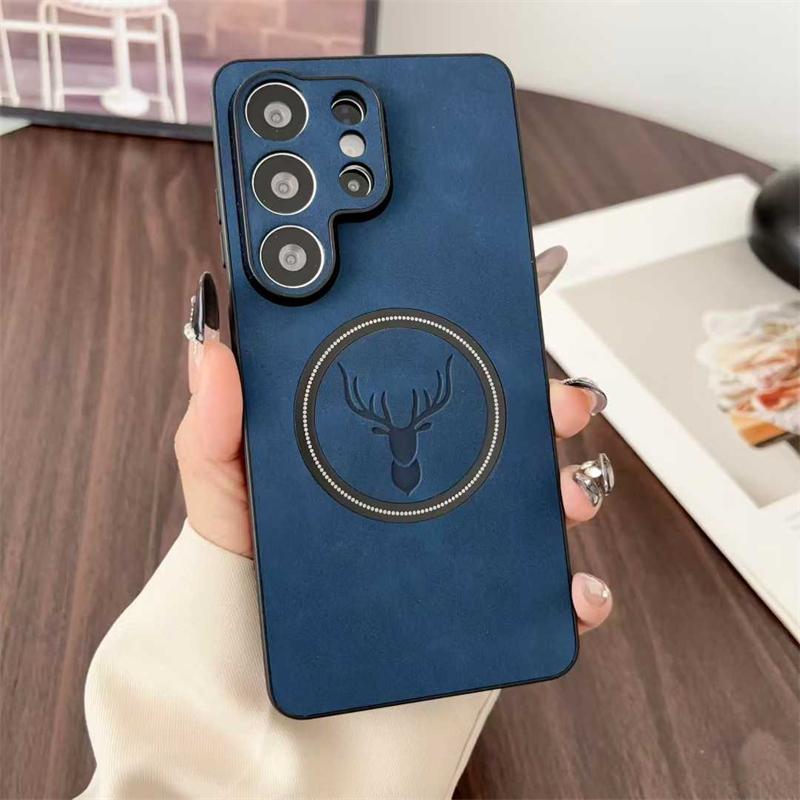 PU Leather Deer Head Magnetic Case for Samsung Galaxy S26 Ultra S25 Fe S23 S22 Plus S26+ Magsafe Mac Safe Shockproof Phone Cover