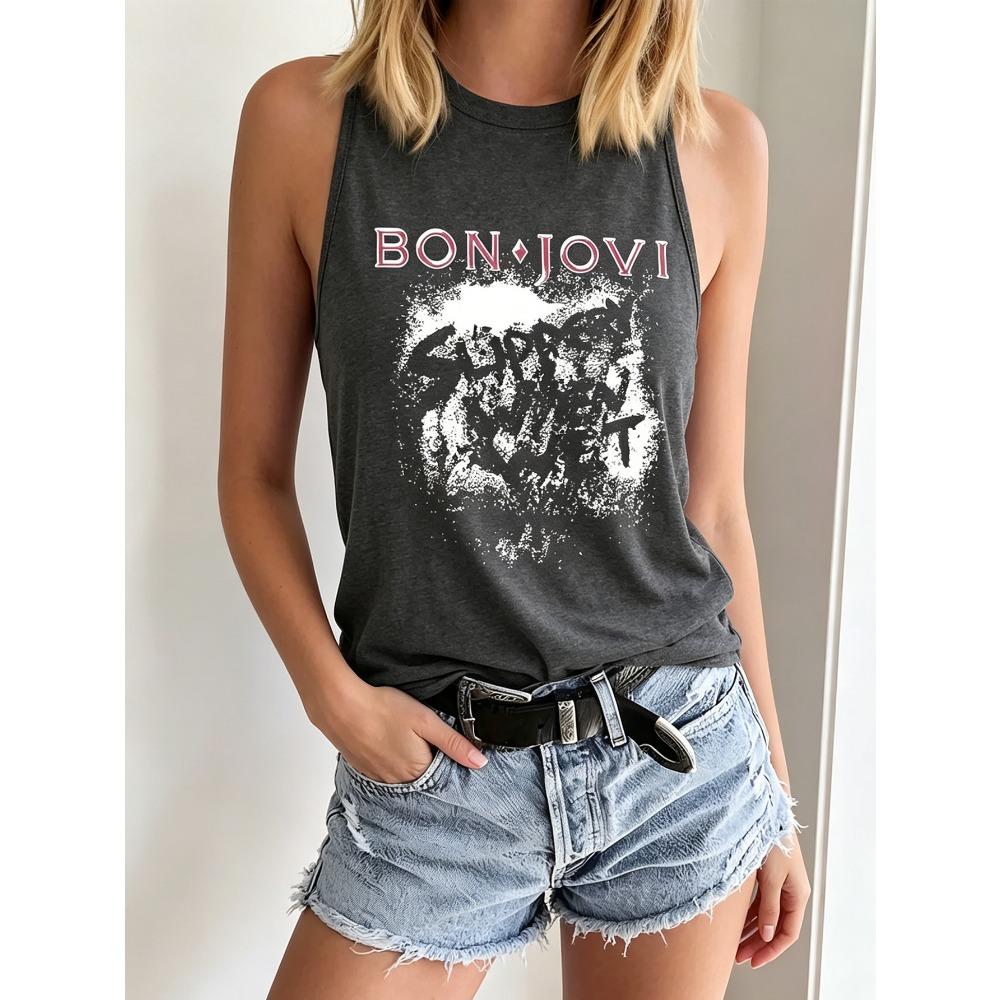 Women's Fashionable Casual Rock Retro Style Band Retro Print Sleeveless Top