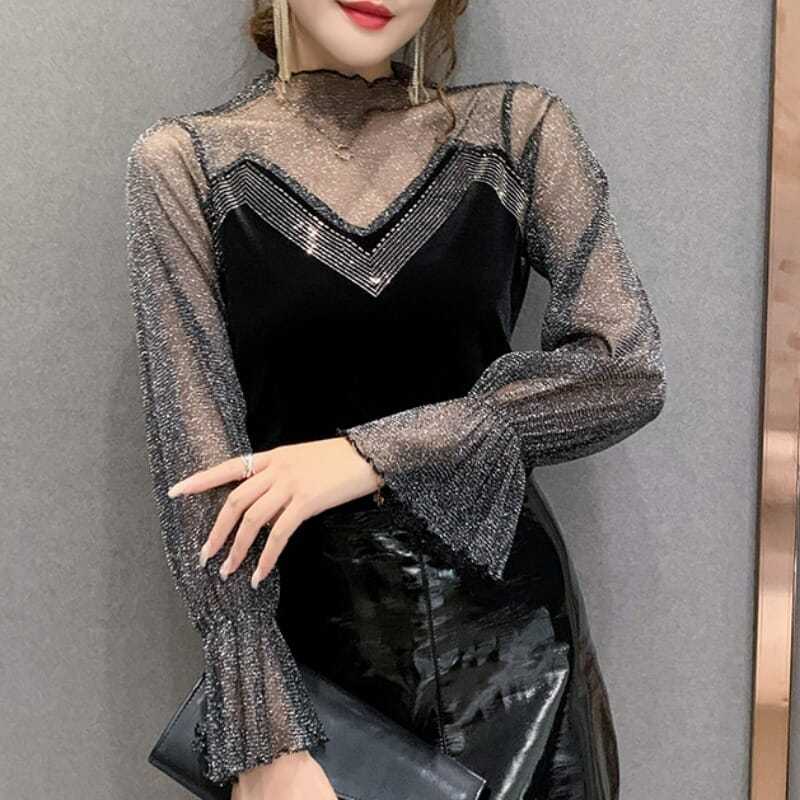 

Новый сетчатый женский весенне-осенний топ с кружевом и стразами, модный, приталенный, универсальный, сексуальный, с длинным рукавом M чёрный