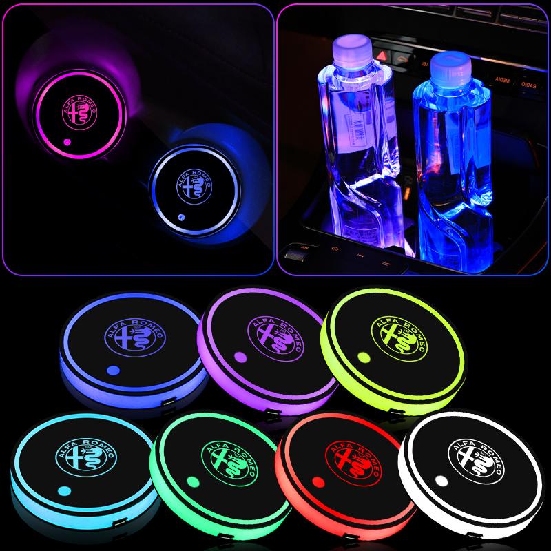 For Alfa Romeo 1/2pc Led Luminous Car Water Cup Coaster 7 Colorful USB Charging Light For Alfa Romeo 4C Mito Giulietta 159 Sport zl9