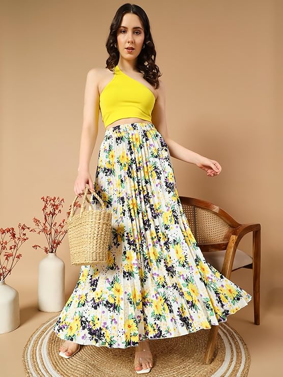 Women's Floral Printed Polyester, Crepe Comfortable Maxi Skirt