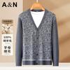 [100% Sheep Wool] Letter Jacquard Spring and Autumn V-neck Pure Sheep Cardigan Men's Casual Knitted Sweater Coat