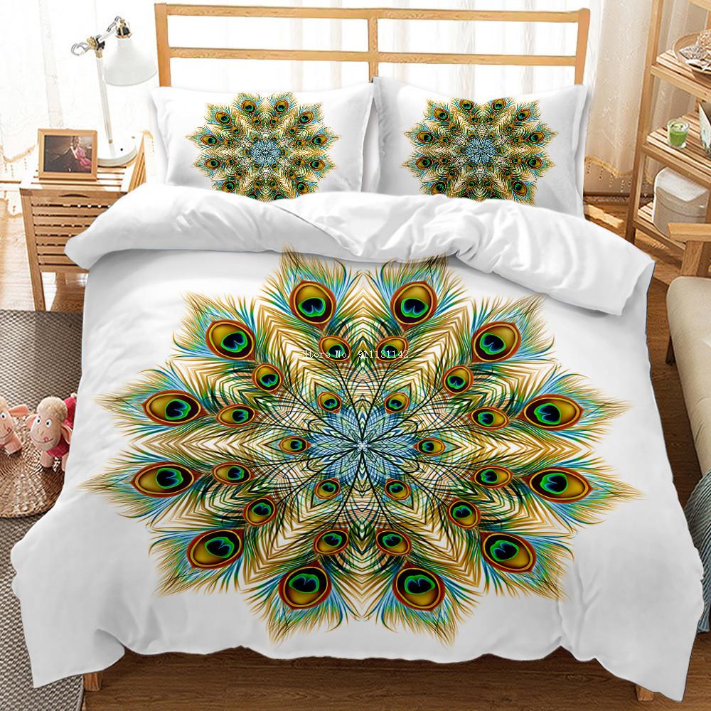 

Fashion Peacock Feather Floral Print Bedding Set 3D Ethnic Style Down Bed Cover Pillowcase 2/3 Bed Set Bedroom Home Textile EU single(135x200cm)