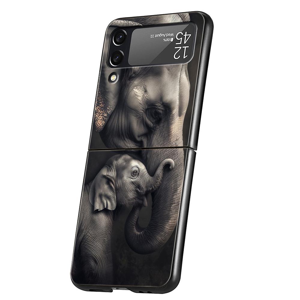 Hard PC Phone Case For Samsung Galaxy Z Flip 7 6 5 4 Black Cover For Galaxy Z Flip 3 Foldable Shockproof Capas Animal Elephant