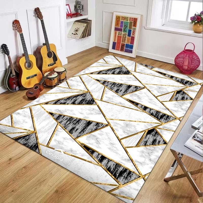 Marble Texture Geometric Area Rug Modern Gold Accent Abstract Pattern Non Slip Floor Carpet for Living Room Bedroom Home Decor