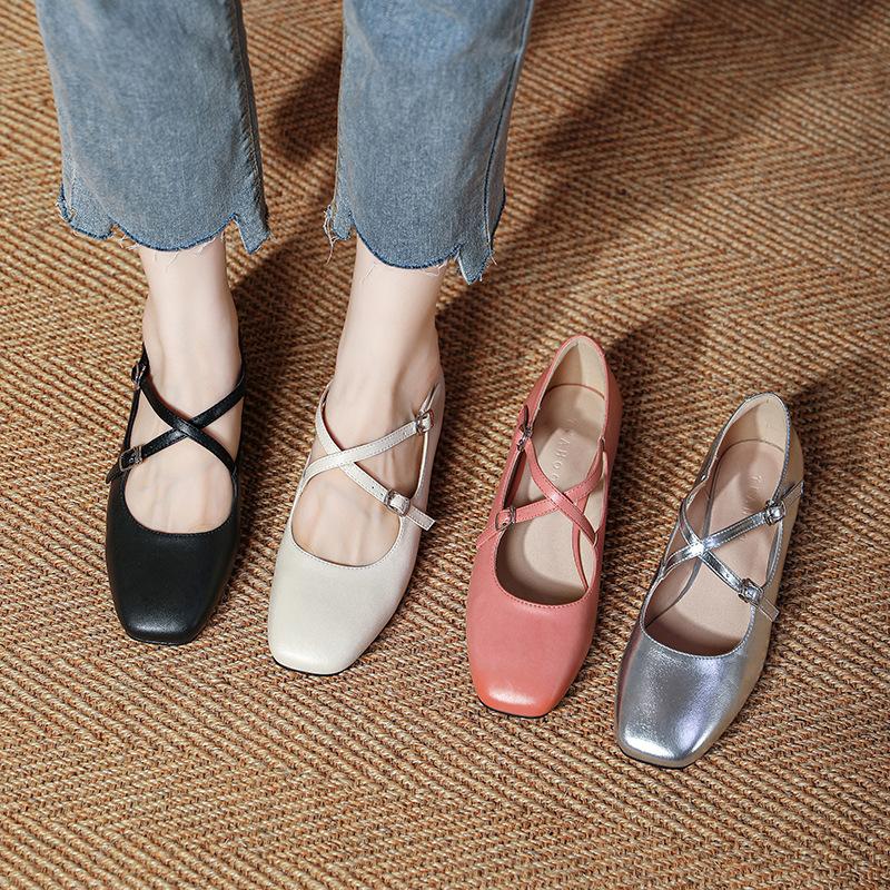 Retro Medium Thick Heel Women's Shoes Lightweight Mary Jane Shoes Cross Strap Square Toe Small Leather Shoes Shallow Mouth Casual Shoes