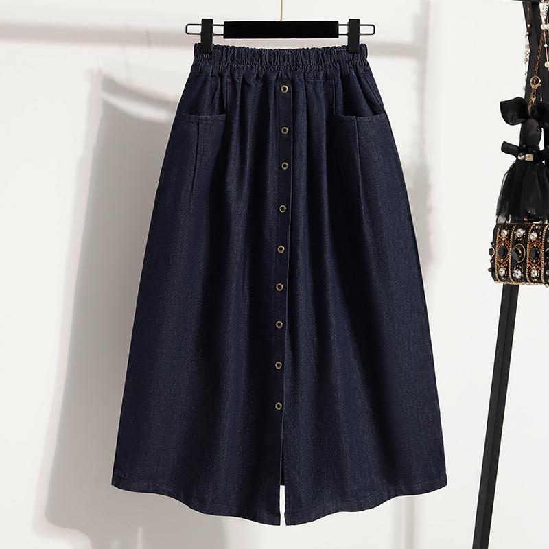 

Retro Single Button Loose Denim Skirt Women s Summer Design Pocket High Waist A-Line Slimming Maxi Skirt Commute Style M темно-синий