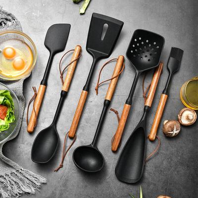 7Pcs Silicone Cooking Utensils Set with Wooden Handle Non-Stick Kitchen Tools Spatula Colander Soup Spoon Shovel Kitchenware