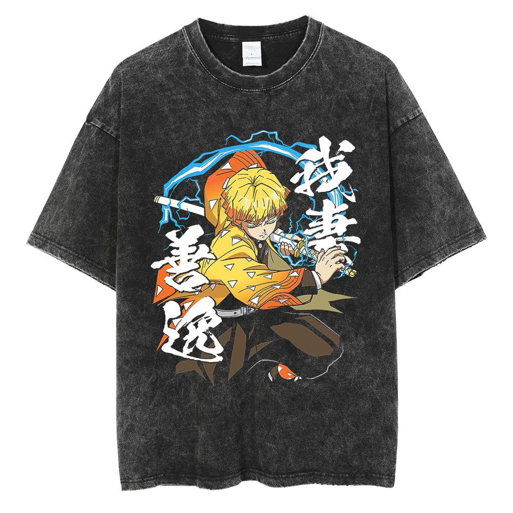 Anime Demon Slayer Rengoku Kyoujurou Print T Shirt Men Women Washed Cotton Tshirts Manga Tee Harajuku Male Casual Loose T-shirt