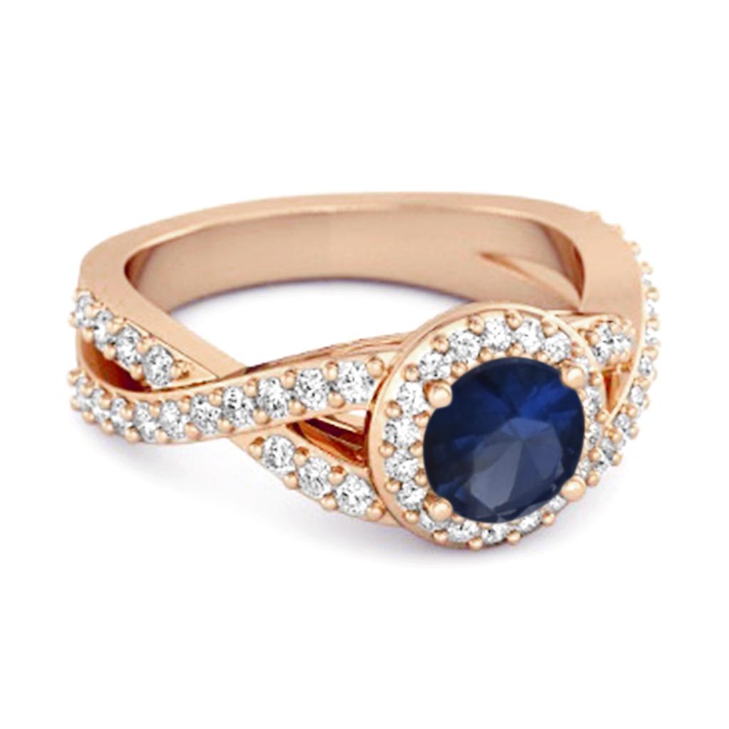 Blue Sapphire Halo Accents Ring - 925 Sterling Silver Rose Gold Vermeil