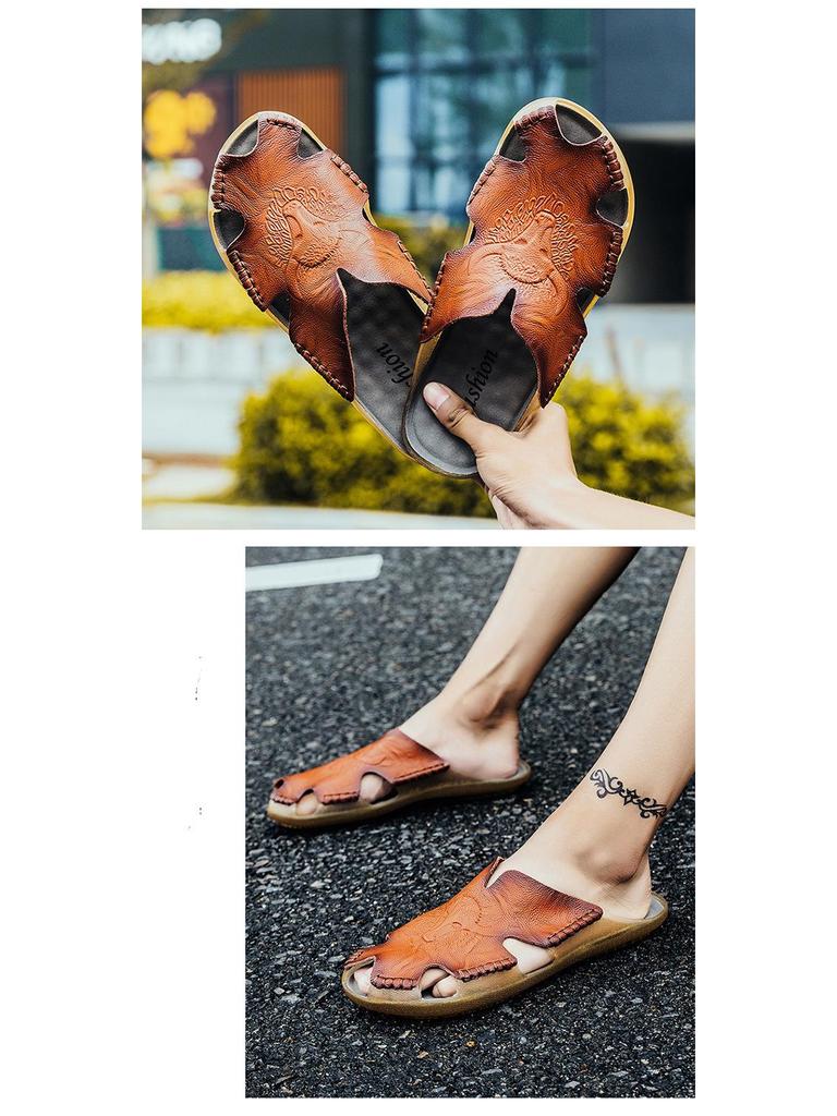 Plus Size Men's Breathable Leather Closed-Toe Sandals - Lightweight One-Strap Casual Beach Shoes