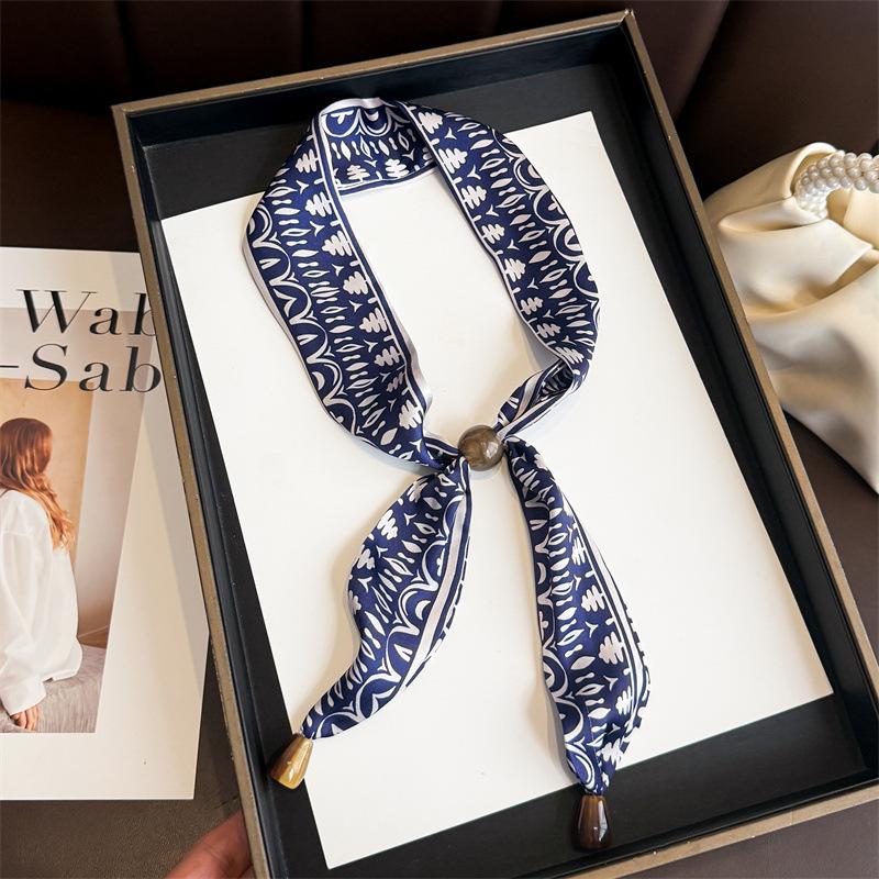 Professional Versatile Simulation Silk Printed Silk Scarf Double-layer Beaded Premium Sense Neck Protection Commuter Strip Decorative Scarf Scarf