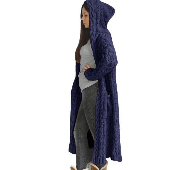 Women Sweater Jacket with Pockets Mid Length Hooded Knitted Twisted Texture Solid Color Long Sleeve Jacket Plus Size Thick Daily Commuting Outerwear